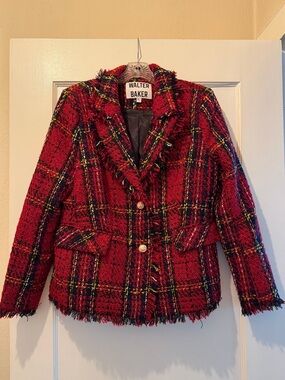Walter Baker Red Plaid Tweed Blazer with Frayed Trim